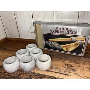 Vintage Napkin Holder Rings Marble Polished Stone White & Gray Set of 6